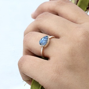 925 Sterling Silver Natural Carved <b>Lapis</b> <b>Lazuli</b> Leaf <b>Ring</b> Handmade Pear Shape Gemstone <b>Ring</b> for Women - Product Image 2