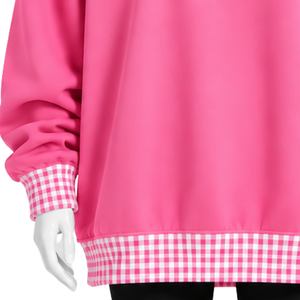 Mens Baby <b>Pink</b> Oversized Crewneck <b>Sweatshirt</b> With Gingham Check Collar And Cuffs Long Sleeve Graphic Pullover Casual Streetwear - Product Image 6