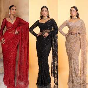 Sari indien traditionnel exclusif en tissu filet, travail fantaisie élégant, idéal pour mariages et fêtes, le plus vendu pour femmes et jeunes filles, vente en gros. - Product Image 3