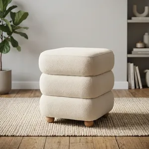 Cream Boucle Square Ottoman <b>Stool</b> Soft Upholstered Footrest with Wooden Legs Modern Seating for Living Room <b>Bedroom</b> Decor - Product Image 4
