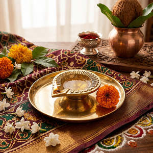 Metal Circular <b>Candelabra</b> With Diya Holders For Religious Activities And Festive Decorations - Product Image 1