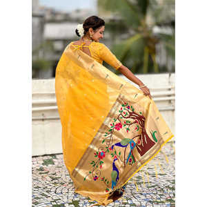 Sari en organza de soie jaune tissé Elite Weaves avec Paithani Zari, tenue ethnique traditionnelle indienne et pakistanaise pour les fêtes, idéal pour l'hiver/été - Product Image 6