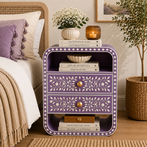 Artisan Resin Bone Inlay Nightstand With Drawers & <b>Shelf</b> Floral Cabinet <b>Bedside</b> End Table For Bedroom Hotel Luxe Accent Cabinet - Product Image 2
