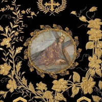 Drapeau liturgique chrétien en velours noir, brodé à la main avec croix dorée, couronne et motifs floraux