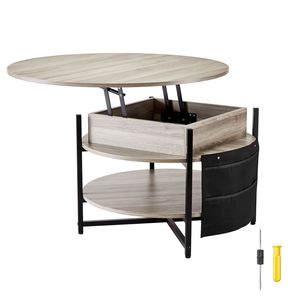 Tavolino da Caffè Rotondo Bianco da 35,3 Pollici con Piano Sollevabile e Tasche Extra per lo Stoccaggio, Tavolo Centrale Pop-up per Soggiorno - Product Image 1