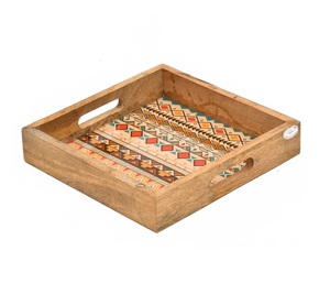 Bandeja de madera para servir con asas, rectangular, rústica, decorativa, con patrón geométrico, para cocina, comedor, decoración del hogar, hecha a mano, natural - Product Image 6