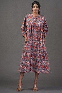 Floral Print Loose Knee-Length Boat Neck Casual Woven Cotton Party Autumn Daily Wear <b>Dress</b> - Product Image 2