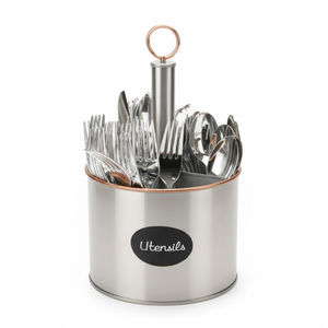 Organisateur de cuisine en métal argenté au design créatif avec poignée, 3 compartiments pour ustensiles et couverts - En solde - Product Image 3