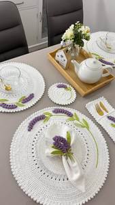 Charming Crochet Lavender Flower Coasters Set Cream PurpleHandmade Cotton Yarn Heat Resistant Boho <b>Kitchen</b> Tea Coffee Decor - Product Image 3