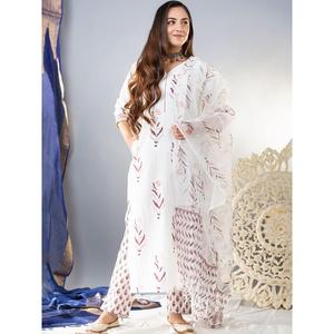 กางเกงทำงานพิมพ์ลายผ้าฝ้ายเนื้อนุ่มดีไซเนอร์พร้อม dupatta สีขาว - Product Image 1