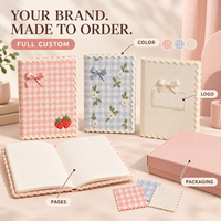 Carnet A5 LABON rose à carreaux brodés de fraises, couverture en tissu mignon avec nœud et dentelle pour filles, école et cadeau