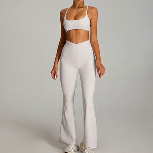2026 White Seamless Yoga Set <b>Crop</b> <b>Top</b> High Waist Flared Pants Spaghetti Strap Scoop Neck 2 Piece Full Length Solid Color - Product Image 1