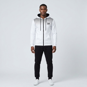<b>Mens</b> Solid <b>White</b> & Black Full Zip Hoodie Tracksuit Set Hooded Jacket & Jogger <b>Pants</b> 2 Piece 100% Cotton Athletic Sportswear - Product Image 3