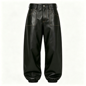 Men's High Waist PU Coated <b>Harem</b> Pants With Side Pockets Street Style Black Polyester <b>Trousers</b> Autumn Wear - Product Image 1