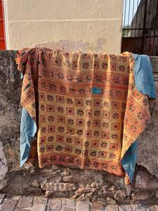Cotton Kantha Vintage Block Printed Reversible Quilt Handmade Indian <b>Bedspread</b> with Traditional Floral Design - Product Image 2