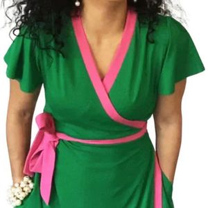 NIA <b>Wrap</b> Dress Women Green <b>Pink</b> Tie Waist Short Sleeve V Neck Casual Elegant Sorority Greek Apparel Stylish Midi Outfit - Product Image 3