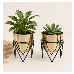 Modern Gold Metal Planters with Black Iron Stands Set of 2 Luxury Indoor Flower <b>Pots</b> for Living Room Decorative Plant <b>Holders</b> - Product Image 1