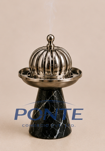 Brûleur d'encens en marbre noir avec couvercle en laiton antique à dôme cannelé, élégant encensoir en métal pour la maison, le bureau et la méditation - Product Image 5