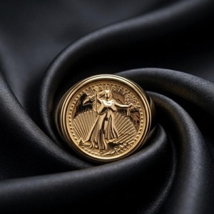 9K Solid Gold Plated Liberty Eagle Commemorative Coin Ring Round 3D Relief Fine Ring for Collection Gift - Product Image 1