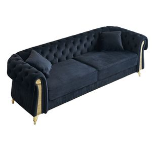 Divano Chesterfield Moderno 89 W in Velluto Nero Trapuntato per Soggiorno con Due Cuscini e Due Cuscini Decorativi - Product Image 3