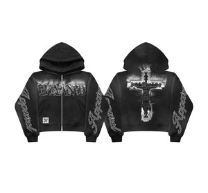 Ensemble de survêtements streetwear OEM personnalisés avec broderie en strass, en coton délavé, coupe ample, imprimé, avec sweat à capuche court zippé pour homme - Product Image 2