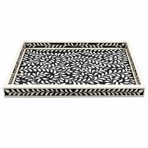 Black and White <b>Mother</b> of Pearl Inlay Tray Premium Bone Inlay Decorative Serving Tray with Leaf Pattern for Coffee Table Tray - Product Image 1