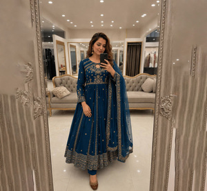 India Women Anarkali Traditional Designer <b>Dress</b> Hand Drawn Embroidery Regular Length Maxi Matching Dupatta Winter Summer Eid - Product Image 1