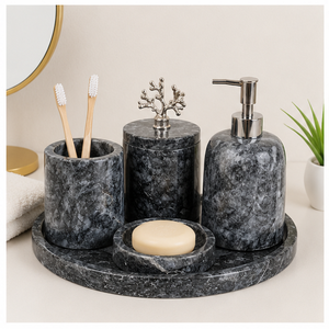 Ensemble d'accessoires de salle de bain vintage en marbre noir naturel, fait main, en pierre polie, comprenant un distributeur de savon, un gobelet et un pot à couvercle, pour hôtel - Product Image 2