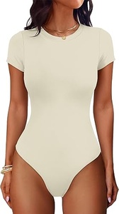 Women Solid Color Short Sleeve Crew Neck Bodycon Bodysuit Stretch Knitted Activewear Spandex Nylon One Piece Fit Regular Length - Product Image 5