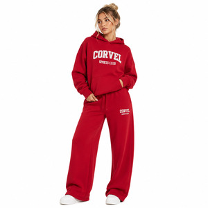 Sudadera con capucha oversize de algodón premium con gráfico de letras universitarias en arco de color liso para mujer, pantalones deportivos de pierna ancha, MOQ bajo - Product Image 4