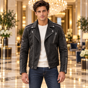 Chaqueta de Motociclista de Cuero Genuino para Hombre, Color Marfil, con Cuello Solapa, Cierre Asimétrico y Puños con Cremallera, para Atuendos Casuales - Product Image 5