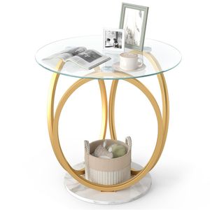 Table d'appoint ronde moderne à 2 niveaux, or et blanc, plateau en verre trempé avec base en faux marbre, tables basses - Product Image 1