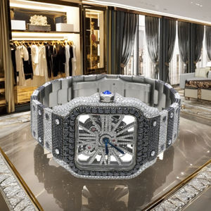 Montre mécanique squelette carrée, mode moderne, en acier inoxydable, entièrement sertie de diamants, lunette en pierre noire, luxe, hip-hop, vintage, verre - Product Image 1