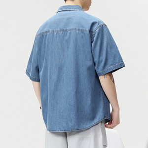 Trendy Men's Short Sleeve Denim Shirt Loose Fit Solid Color Turn-<b>down</b> Collar Breathable Casual Summer Top With Pockets - Product Image 2