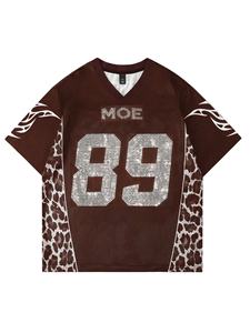 Maillot de football américain surdimensionné pour femme avec strass et numéros, style streetwear hip-hop, empiècements léopard, OEM - Product Image 3