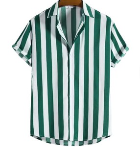 Chemise décontractée pour homme à manches courtes, rayures verticales bleues et blanches, col rabattu, boutonnée, en popeline tissée pour l'été - Product Image 3