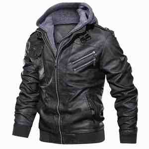 Factory Wholesale Fashion <b>Men</b> Racer Motorcycle PU Leather <b>Jackets</b> Plus Size Hooded Coat Brown Black <b>Warm</b> <b>Jacket</b> - Product Image 5