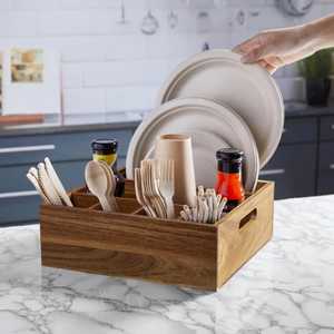 Portable Wooden Condiment Caddy with Top Carry Handle 3 Compartment Sauce Bottle Holder Picnic Utensil <b>Storage</b> Box Wood Organize - Product Image 5