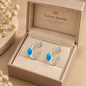 Turquoise 925 <b>Sterling</b> <b>Silver</b> <b>Earring</b> - Oval Cabochon Bezel Half-<b>Hoops</b> - Product Image 6