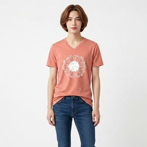 Camiseta de algodón lisa con estampado de girasoles personalizado para mujer, cuello en V, manga corta, corte ajustado, fabricante de tops gráficos femeninos. - Product Image 2