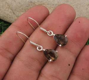 Boucles d'oreilles pendantes en quartz fumé naturel, argent sterling 925, pierres précieuses artisanales, design goutte d'eau de luxe, bijoux fins pour femmes, fête - Product Image 1