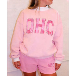 Sweat-shirt rose à col rond pour femme avec imprimé lettres QHC à carreaux, manches longues, en coton tricoté et fibre de bambou, pour l'automne, col montant - Product Image 4