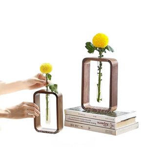 Moderno Florero de Vidrio con Marco Cuadrado de Nogal Ecológico, Maceta Hidropónica, Terrario de Escritorio, Exhibición de Flores, Decoración para el Hogar y la Oficina - Product Image 2