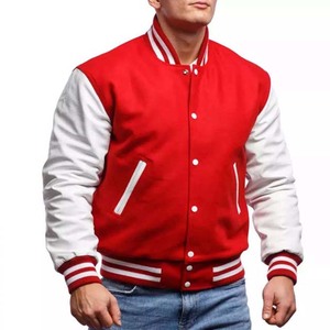 Red Color Wool Body With <b>White</b> Leather Sleeve Men's Clothing <b>Jackets</b> OEM Custom Varsity <b>Jackets</b> - Product Image 1