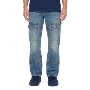 Pantalon en jean pour homme, coupe droite classique, en coton rigide, avec poches latérales, délavage indigo, style utilitaire personnalisé - Product Image 2