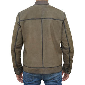 "MICAH CORPORATION: Vintage Olive Green Distressed <b>Suede</b> Leather <b>Bomber</b> <b>Jacket</b> for Men with Contrast Trim and Ribbed Collar" - Product Image 2