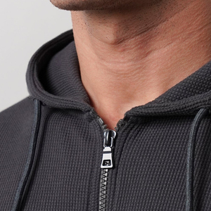 Men's Charcoal Waffle Knit <b>Zip</b> Up Hoodie Premium Cotton Blend Full <b>Zip</b> <b>Hooded</b> Sweatshirt Casual Winter Jacket OEM ODM - Product Image 2