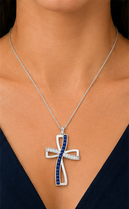 Collier avec pendentif croix infini en argent sterling 925 plaqué rhodium avec zircone cubique bleue et blanche |   Religieux chrétien - Product Image 3