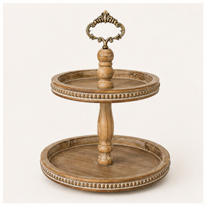 2 Tiered Wood Serving Stand with <b>Beaded</b> <b>Trim</b> Farmhouse Decorative Tray for Kitchen Counter & Coffee Bar Cupcake Stand - Product Image 1