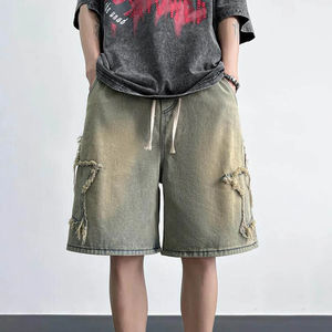กางเกงขาสั้นผ้ายีนส์แฟชั่นสำหรับผู้ชายกางเกงขาสั้นเอวสูงแบบเชือกผูกเอวสูงสวมใส่สบายแนวสตรีทกางเกงขาสั้นลำลองทรงดาว - Product Image 2